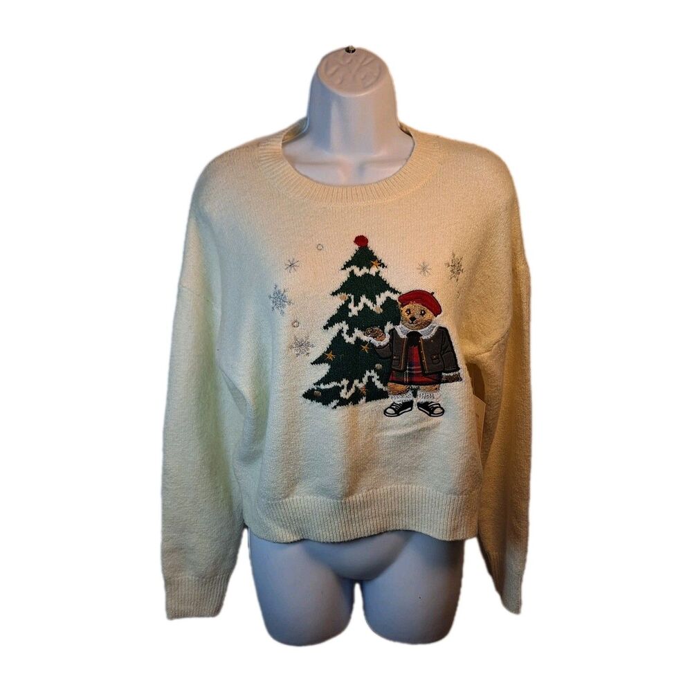 Hazel Moon Juniors Christmas Teddy Bear Sweater Size S Ivory